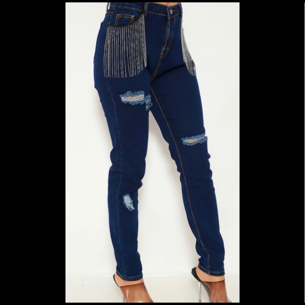 Distressed Skinny Jeans with Chain Fringe Pocket Detail Blue Denim  - L NWOT